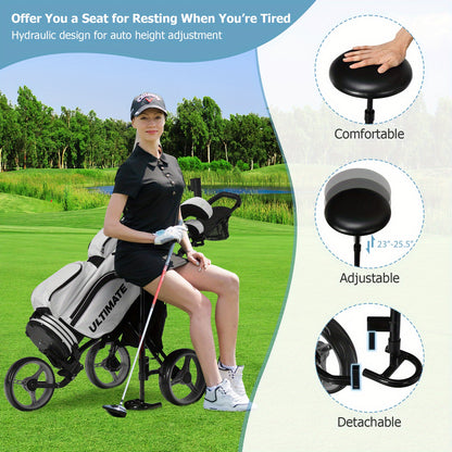3-Wiel Golf Trolley – Golf Pushcart – Golfkar – Golfwagen – Golf Buggy – Verstelbare Zitting & Handgreep – Lichtgewicht PP Materiaal – Grijs