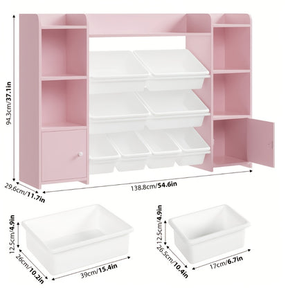 Speelgoedkast – Opbergkast – Kinderkast – Boekenkast – Opbergmeubel – Wit MDF – 138x94x29 cm – 8 Uittrekbare Bakken – Tip-Over Bescherming