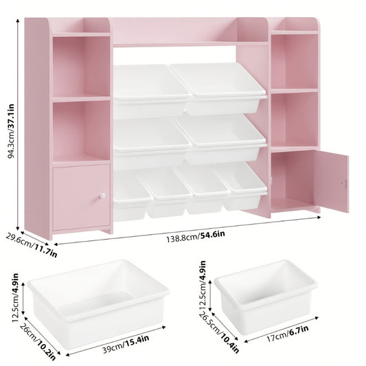 Speelgoedkast – Opbergkast – Kinderkast – Boekenkast – Opbergmeubel – Wit MDF – 138x94x29 cm – 8 Uittrekbare Bakken – Tip-Over Bescherming