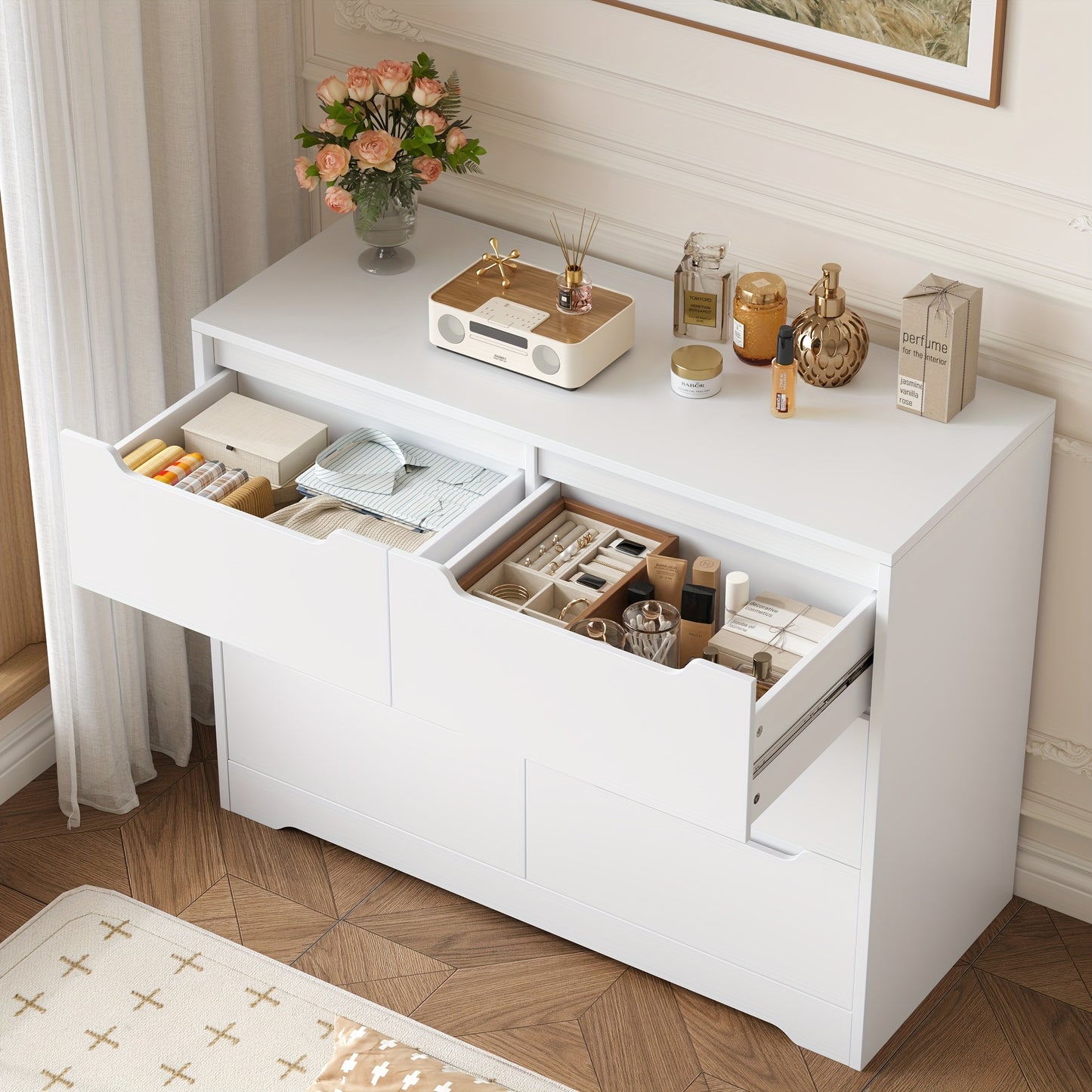 6-Drawer Kealive Tall Dresser | Modern White Chest of Drawers, Storage Cabinet for Living Room, Bedroom, Hallway, Made of Hardwood and Particle Board, 108 x 82.5 x 39 cm