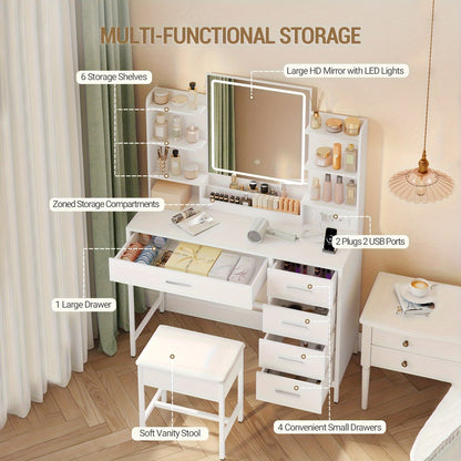 Dressing Table, With Padded Stool, HD Mirror And Adjustable LED Lights, Socket And USB, 5 Drawers, Open Storage Compartment, Simplicity, Mounted Closet Systems