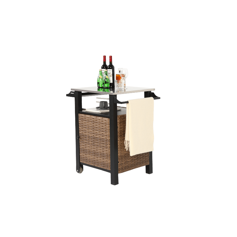 Serveerwagen – Mobiele Barwagen – Barkeep Trolley – Tuinwagen – Keukenwagen – Bruin Rattan Met Roestvrij Stalen Uitschuifbaar Werkblad – Weerbestendig Stalen Frame Met Wieltjes
