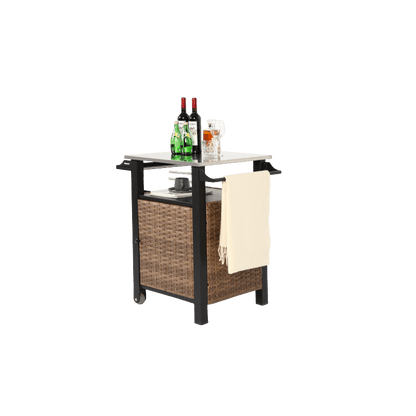 Serveerwagen – Mobiele Barwagen – Barkeep Trolley – Tuinwagen – Keukenwagen – Bruin Rattan Met Roestvrij Stalen Uitschuifbaar Werkblad – Weerbestendig Stalen Frame Met Wieltjes