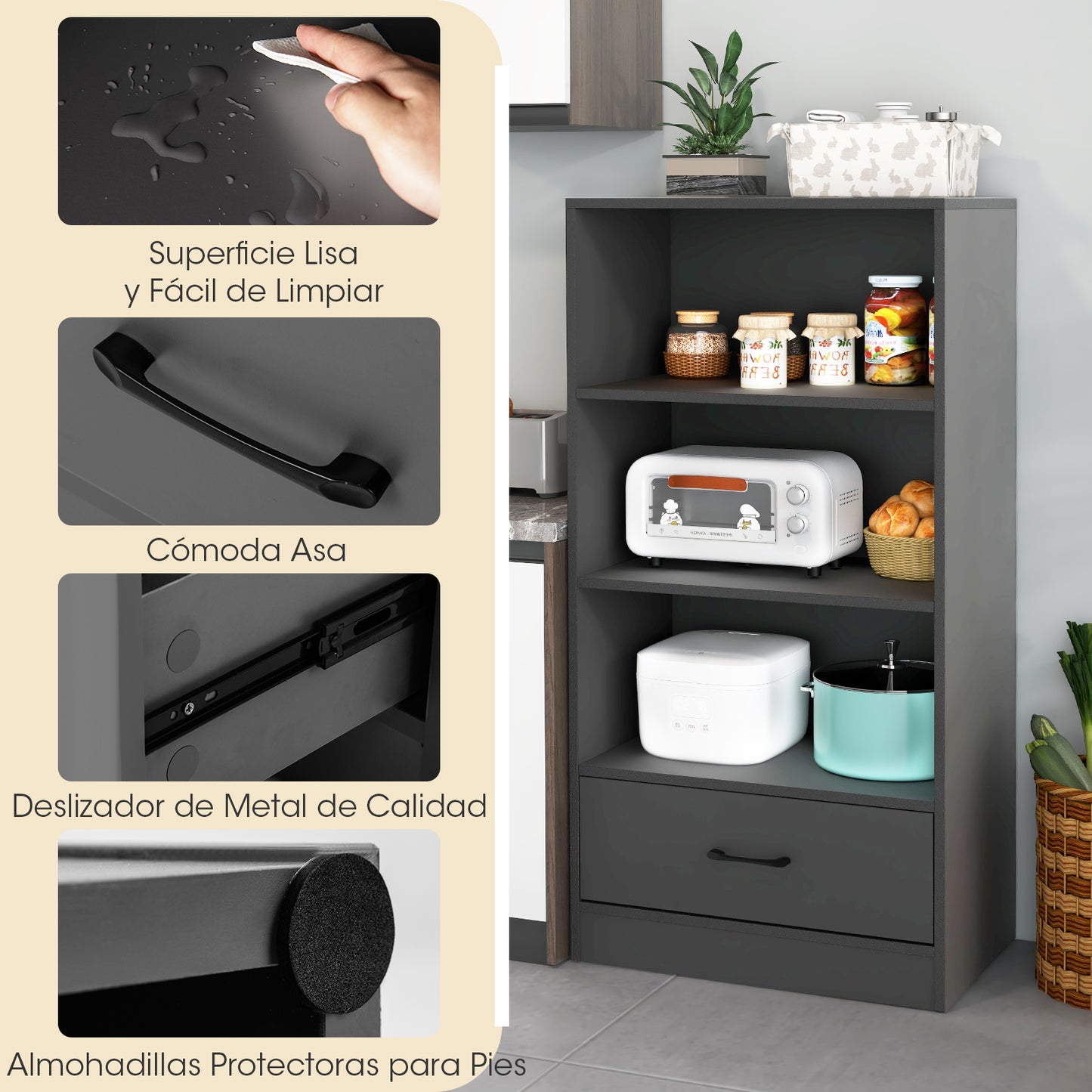 Four-Tier Bookcase with Drawer, Freestanding Display Bookshelf with three Open Shelves Drawer