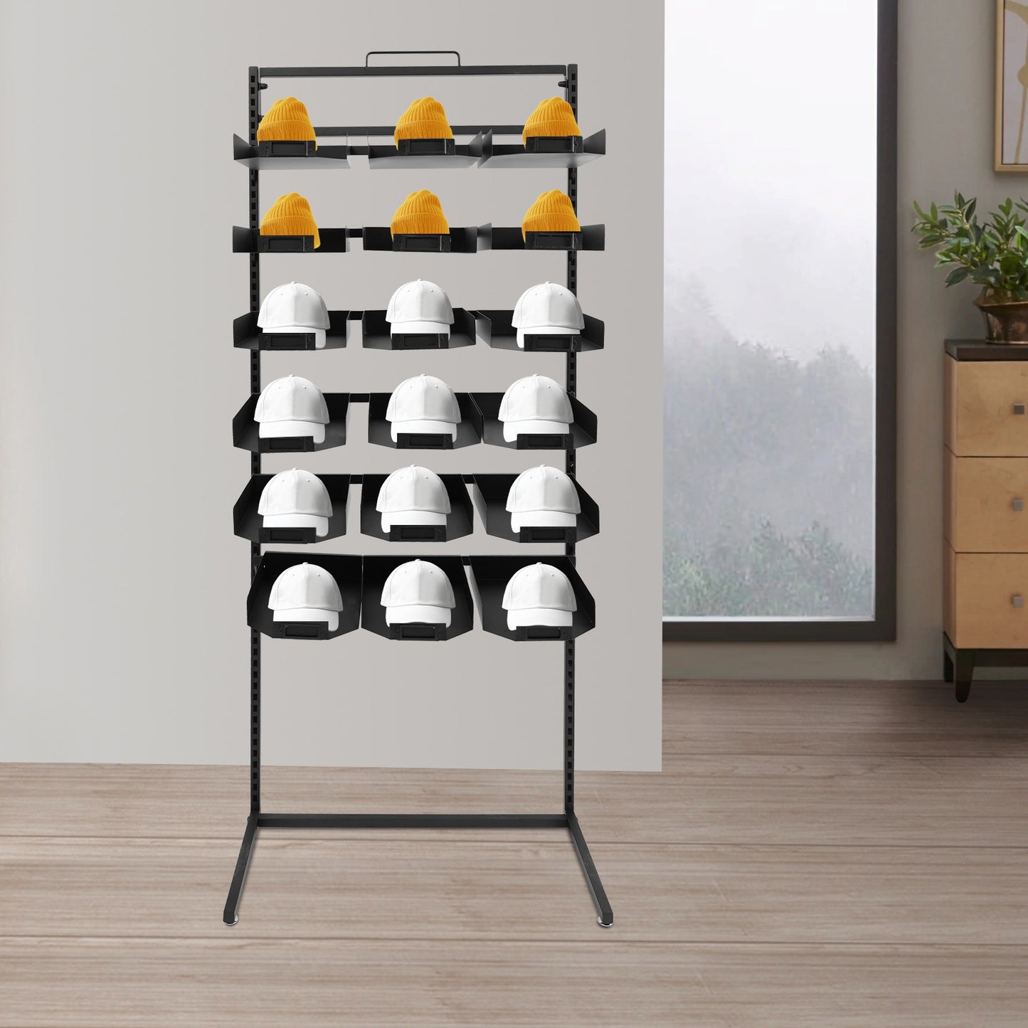Hoedenrek – Hoedenhouder – Pettenrek – Hoedendisplay – Hoedenkast – Modern Design – Metalen Stabiele Constructie – 18 Trays – Compacte Afmetingen
