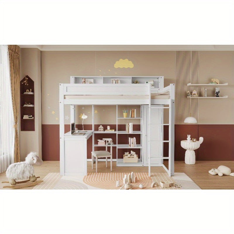Hoogslaper – Stapelbed – Kinderbed – Eenpersoonsbed – Multifunctioneel Bed – Ingebouwd Bureau & Kledingkast – Ruimtebesparend Ontwerp – Stevig Wit Hout 90x200 cm