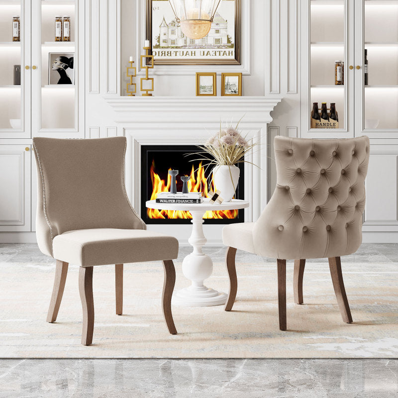 Eetkamerstoel – Woonkamerstoel – Gestoffeerde Stoel – Kuipstoel – Lounge Stoel – Beige Fluweel – Unieke Knoprug – Massief Houten Gebogen Poten