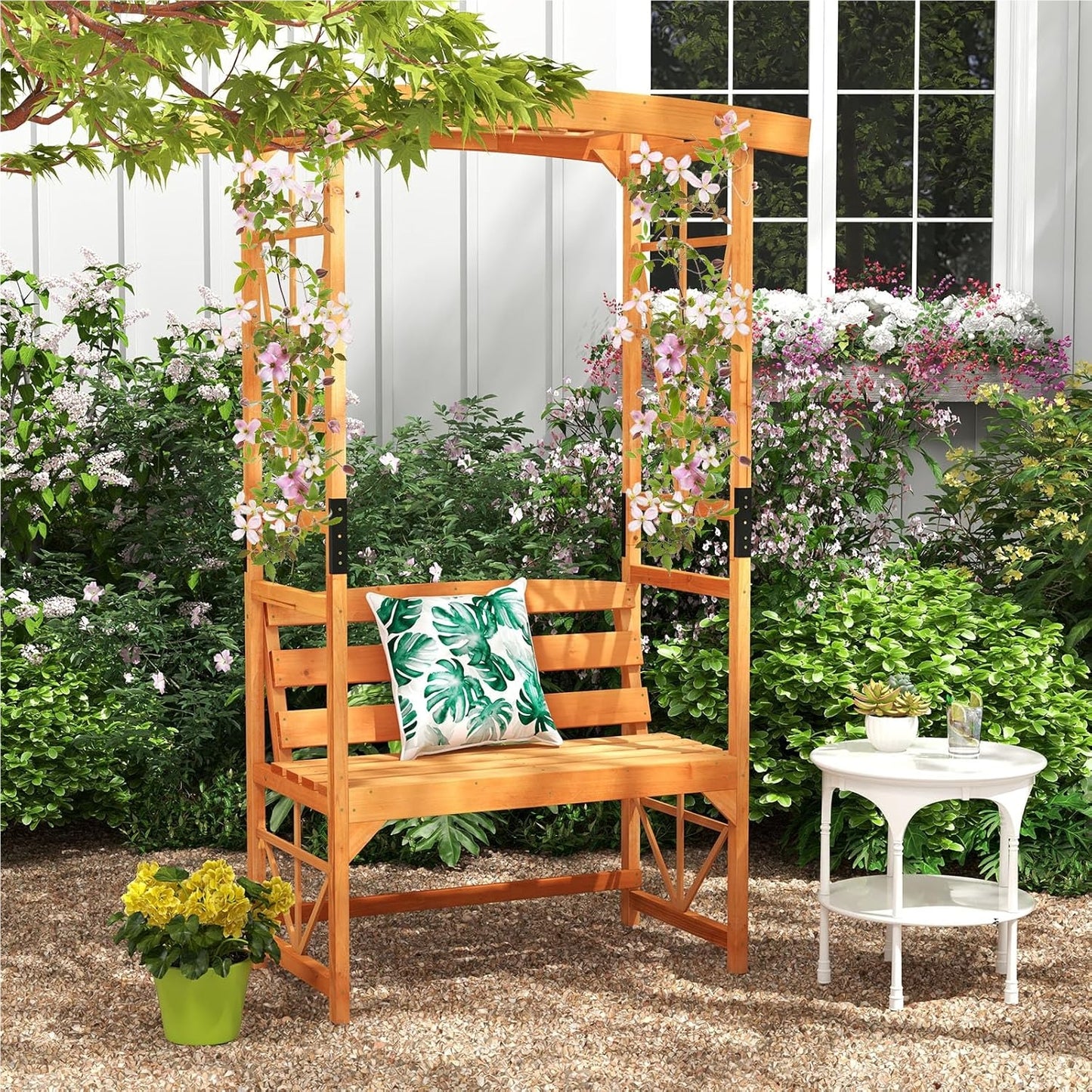 Rozenboog met Bankje – Houten Tuinboog – Klimplant Steun – Tuinbankje – Pergola – 2-Zits Bank – Weerbestendig Dennenhout – 120 x 58 x 189 cm