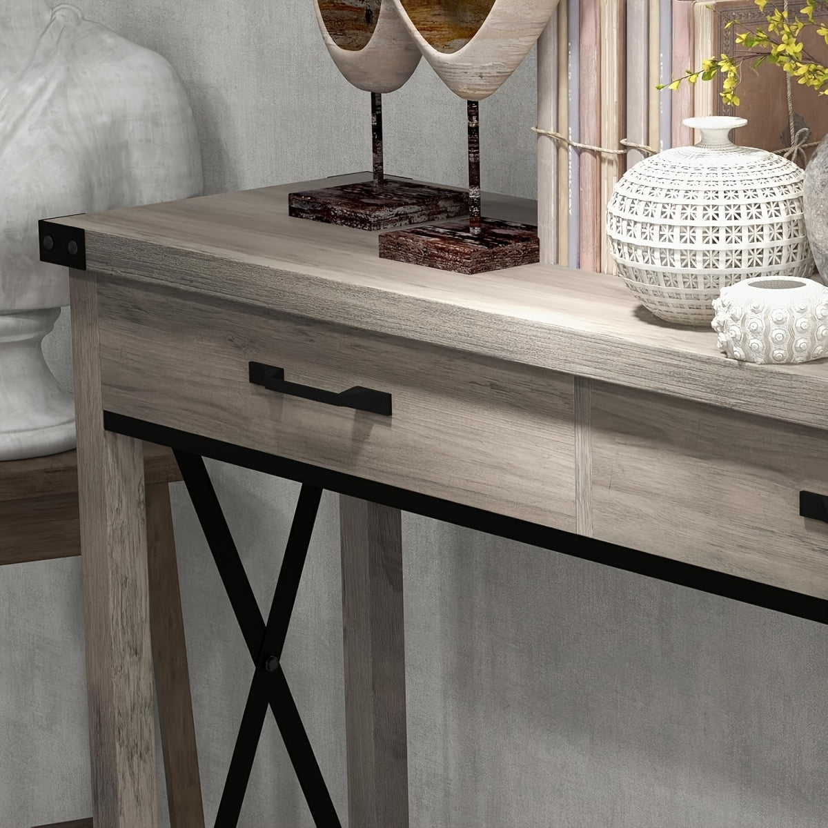 Farmhouse Console Table with 2 Drawers - Space-Saving Entryway Sofa Table, Sturdy MDF & Metal Construction, Modern Farmhouse Living Room, Hallway, Foyer Furniture - Easy Assembly, No Tools Needed, Compact Sofa Table for Small
