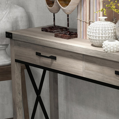 Farmhouse Sidetable – Haltafel – Console Tafel – Sofa Tafel – Sidetable met Lade – Grijs – MDF & Metaal – Compact Ontwerp 110x30 cm