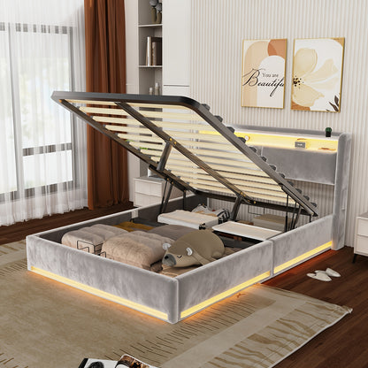 Liftbed – Opbergbed – Hydraulisch Bed – Bedframe Met Opbergruimte – Slaapbed 140x200 cm – Hydraulische Lift – RGB LED Hoofdbord