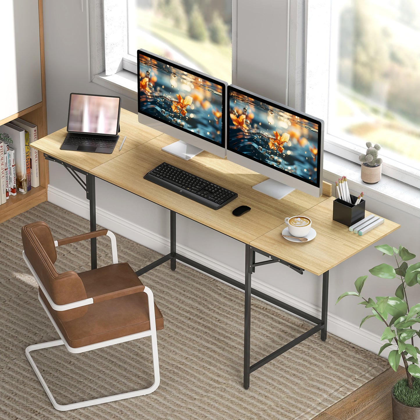Foldable Computer Desk with 2 Extendable Panels, Ample Space for Monitors, Metal Legs, Sturdy Construction, Oak+Black