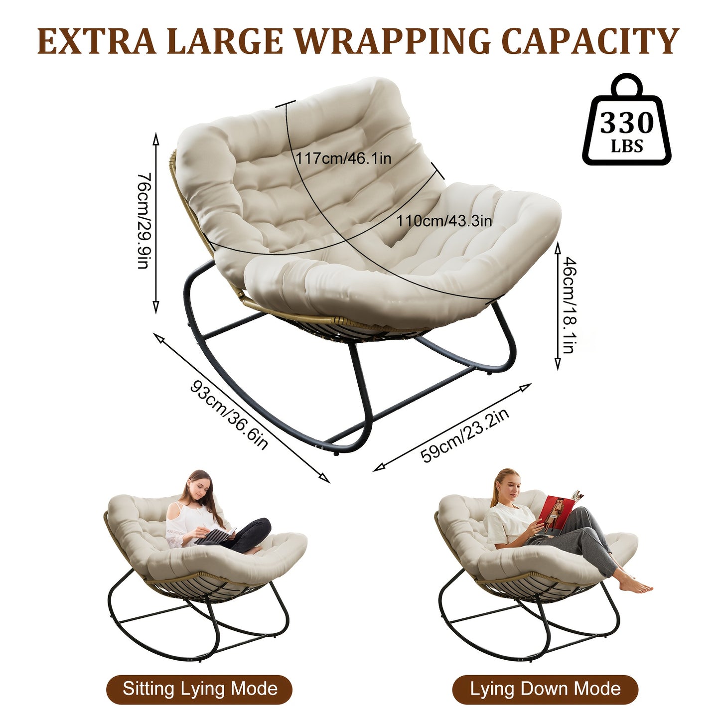 Oversized Wicker Egg Rocking Chair with Beige Cushion - Modern Indoor/Outdoor All-Weather PE Rattan & Metal Frame, Memory Foam Padding, Sturdy Rocker Base - Beige Lounge Chair for Patio, Porch, Balcony, Living Room - Easy-Cle