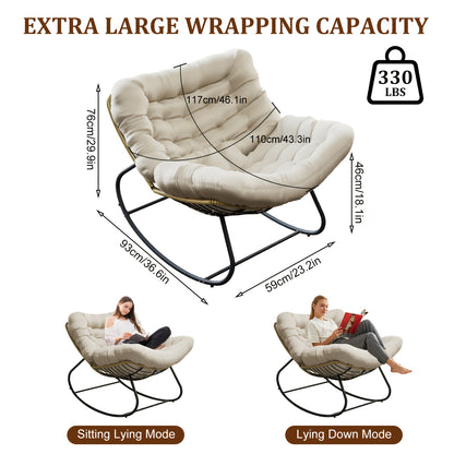 Schommelstoel – Schommelstoel Tuin – Relaxstoel – Fauteuil – Loungestoel – Oversized Wicker Ei-Vorm – Met Memory Foam Kussen – Weerbestendig PE-Rattan Metalen Frame – Beige