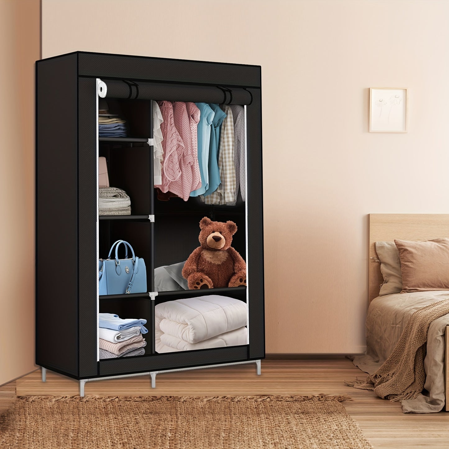 Draagbare Kledingkast – Kledingrek – Garderobekast – Opbergkast – Kleding Organizer – Compact 105x45x170 cm – Stevig IJzeren Frame – Ademend Stofhoes Zwart