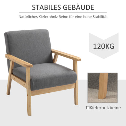 Stoel – Accentstoel – Fauteuil – Zithoekstoel – Lounge Stoel – Scandinavisch Design – Massief Houten Frame – Linnenlook Grijs – 64x70x72 cm