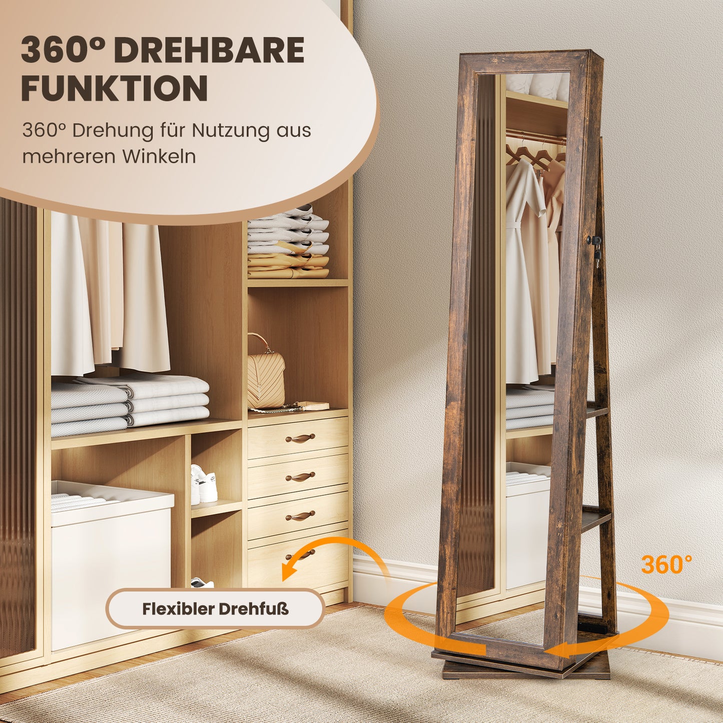 Draaibare Sieradencollectie – Sieradenkast – Sieraden Organizer – Sieradenrek – Schoonheidskast – 360° Draaibaar – Volledige Lengte Spiegel