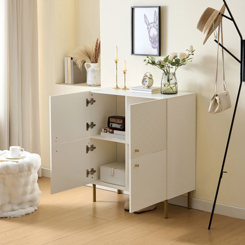 Modern White Metal Hallway Storage Cabinet with Golden-Toned Zinc Alloy Legs & Doors - Heavy-Duty -Standing Sideboard, Multi-Compartment Organizer for Entryway,, Bedroom - Easy Assembly, Non-Wood Durable Furniture (68.58cm+ H