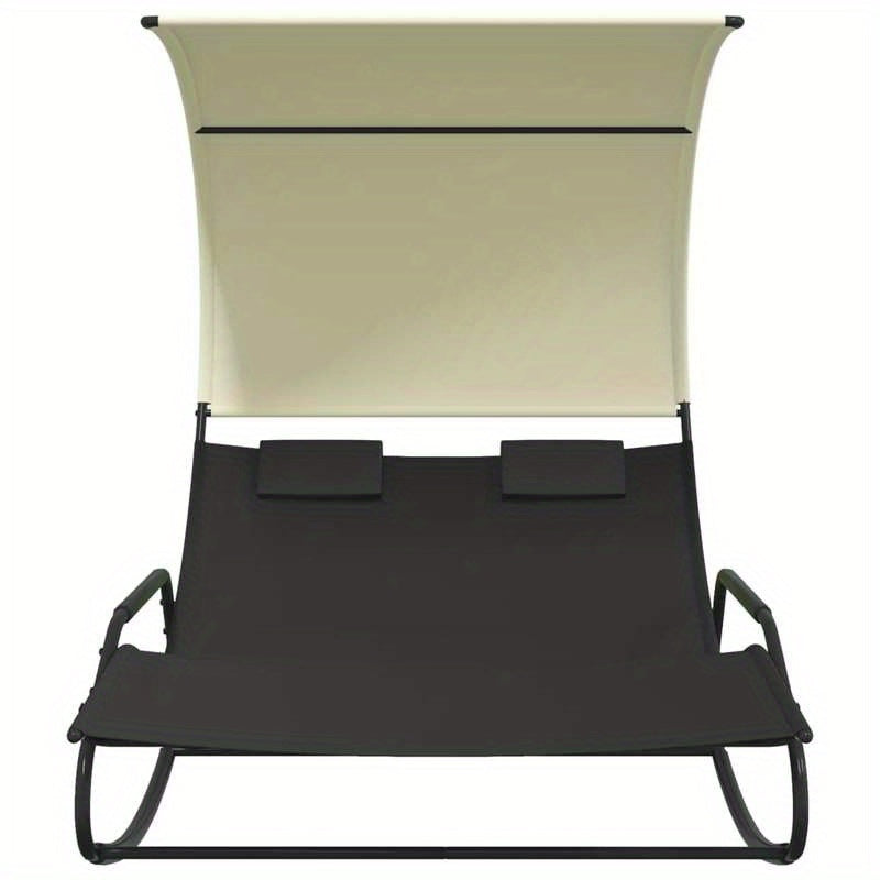 Twee Persoons Schommelstoel – Dubbele Loungestoel – Patio Schommelstoel – Tuinstoel Met Overkapping – Zwarte Stalen Frame – Ergonomisch Zitcomfort – Crèmekleurige Zonwering