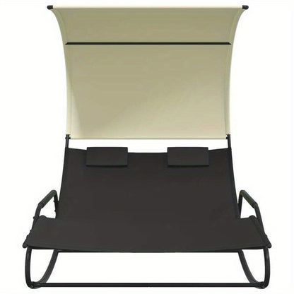 Twee Persoons Schommelstoel – Dubbele Loungestoel – Patio Schommelstoel – Tuinstoel Met Overkapping – Zwarte Stalen Frame – Ergonomisch Zitcomfort – Crèmekleurige Zonwering