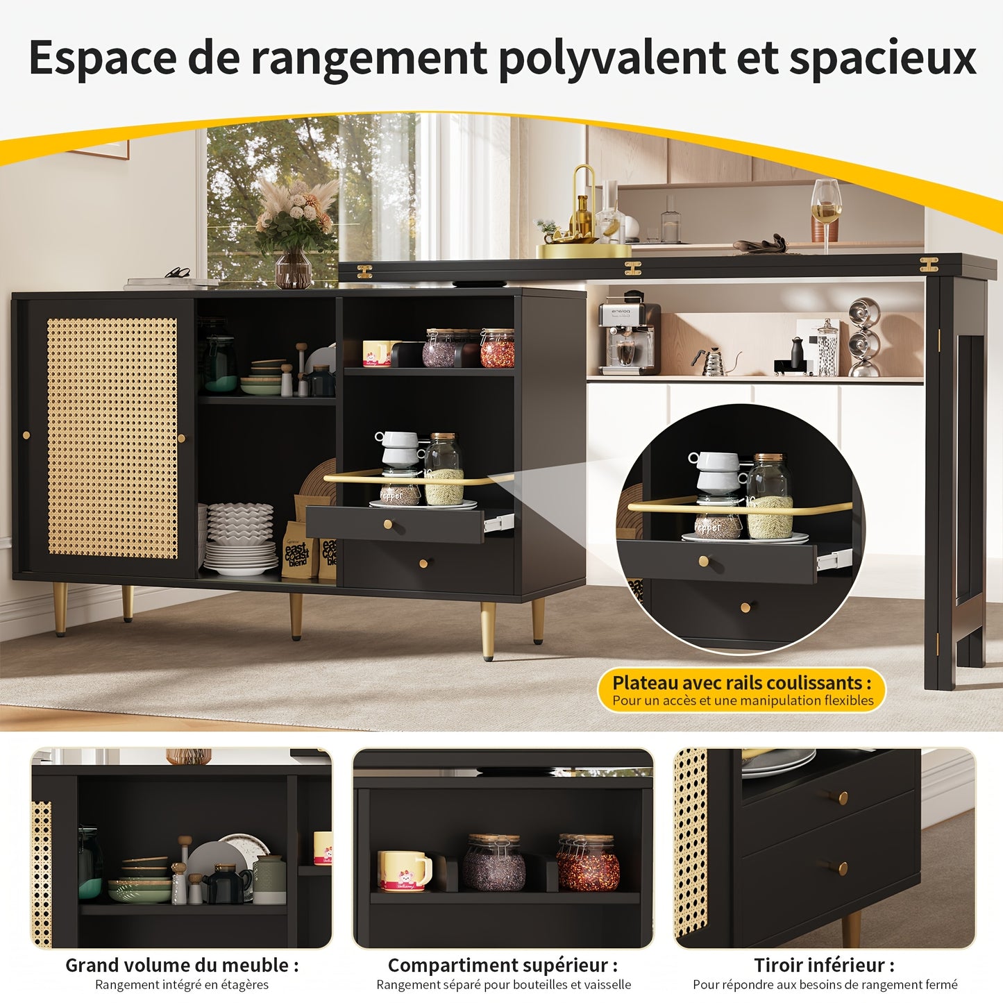 Elegant Black Extendable Bar Table with 360° Rotating Design, Rattan Door & Open Shelf Storage - Ideal for Kitchen & Dining Room, Contemporary Hardwood Construction, Kitchen Bar Table|Contemporary Bar Table|Glass Top Table,