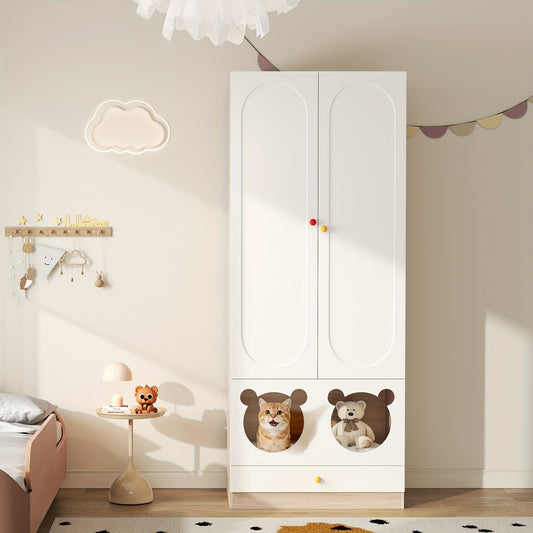 Moderne Witte Kast – Kledingkast – Opbergkast – Garderobekast – Vrijstaande Kast – Inclusief Strijkroede en Kattenbed – Compact Verticaal Design 80x50x200 cm – Duurzaam Bamboe Met Ronde Randen