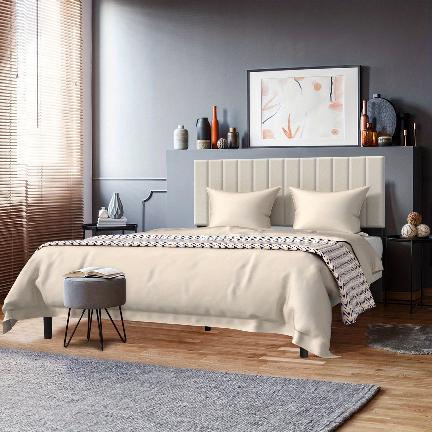 Gestoffeerd Bedframe – Gestoffeerd Bed – Bedframe Met Hoofdbord – Lattenbodem Bed – Stalen Bedframe – Zwart – Draagkracht 300 kg – 16,5 cm Hoog