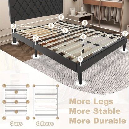 Bedframe – Eenpersoonsbed – Seniorenbed – Kinderbed – Logeerbed – Zwart Kunstleren Hoofdbord – Stevig Metalen Lattenbodem 90x200 cm