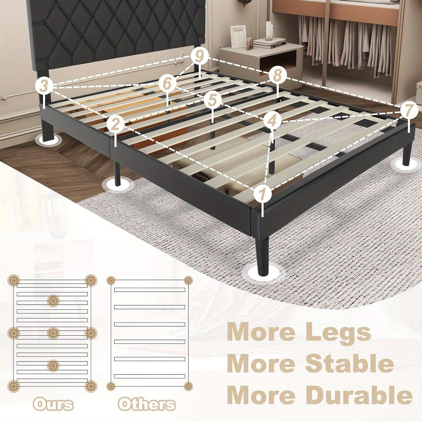 Bedframe – Bedframe Met Hoofdbord – Stalen Bedframe – Kunstleren Bed – Eenpersoonsbed – 160x200 cm – Gevoerd Kunstleren Hoofdbord – Stevig Metalen Frame