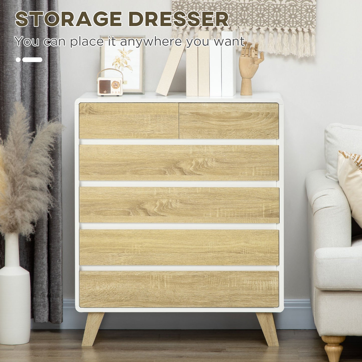 Commode – Ladekast – Dressoir – Opbergkast – Kast – Scandinavisch Design – 6 Greeploze Lades – MDF & Spaanplaat – 80x40x95 cm – Anti-Kantelbeveiliging