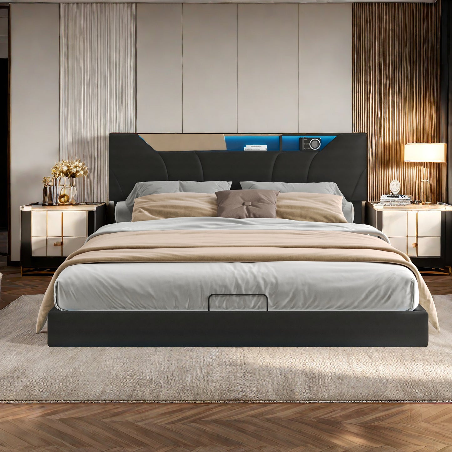 Gestoffeerd Bed – Tweepersoonsbed – Opbergbed – Led Sfeerverlichting Bed – Bed Met USB Oplader – 140x200 cm – Opbergruimte Met Hydraulische Gasveren – Lattenbodem & Zwart PU-Leder