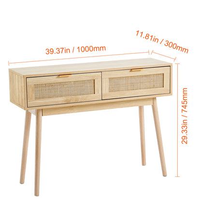 Sidetable – Wandtafel – Console – Haltafel – Bijzettafel – Natuurlijk Rattan – 2 Laden – Duurzaam MDF