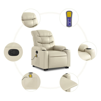 Elektrische Relaxstoel – Elektrische Sta-op Stoel – Relaxfauteuil – Verstelbare Stoel – Vibratiefunctie – Opsta-ondersteuning – Crème Kunstleer – Tot 135 Graden Verstelbaar