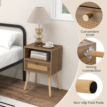 Nachtkastje Set – Bijzettafel – Bedkastje – Side Table – Nachtkastje Rattan – Massief Houten Poot – Set Van 2 – Ruime Lade – Compact 40x30x60,5 cm