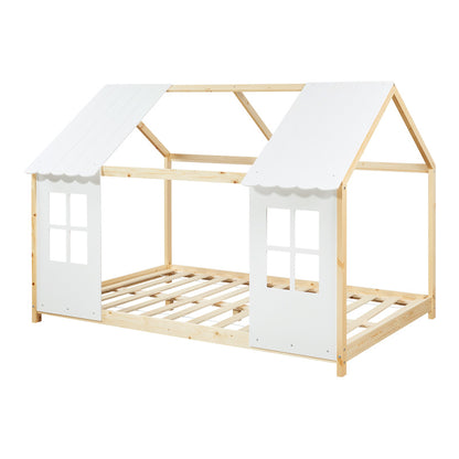 Kinderbed – Huisbed – Halfopen Bed – Peuterbed – Houten Bed – 120x200 cm – Massief Dennenhout – Speels Huisdesign