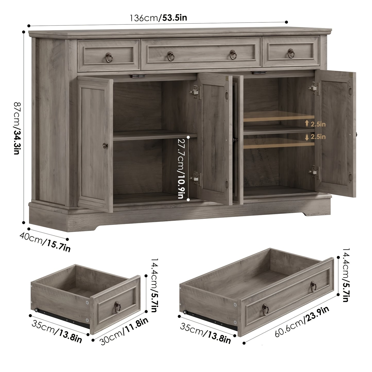 Keukenkastje – Dressoir – Sideboard – Opbergkast – Buffetkast – Asgrijs – 134x87x40 cm – Verstelbare Legplanken – Stevig Werkblad 40 kg