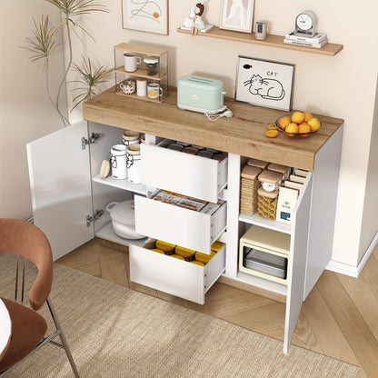 Ladekast – Commodes – Opbergkast – Dressoir – Ladenkast – Wit + Eiken – 3 Laden en 2 Deuren – Bamboe Materiaal & Minstens 68,58 cm Hoogte