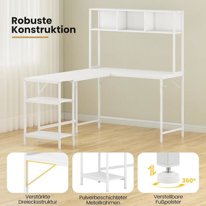 L-vormig bureau – Hoekbureau – Computerbureau – Werkplek – Bureau met opbergruimte – Wit – Inclusief headphonehouder – Robuust MDF met krasbestendige coating