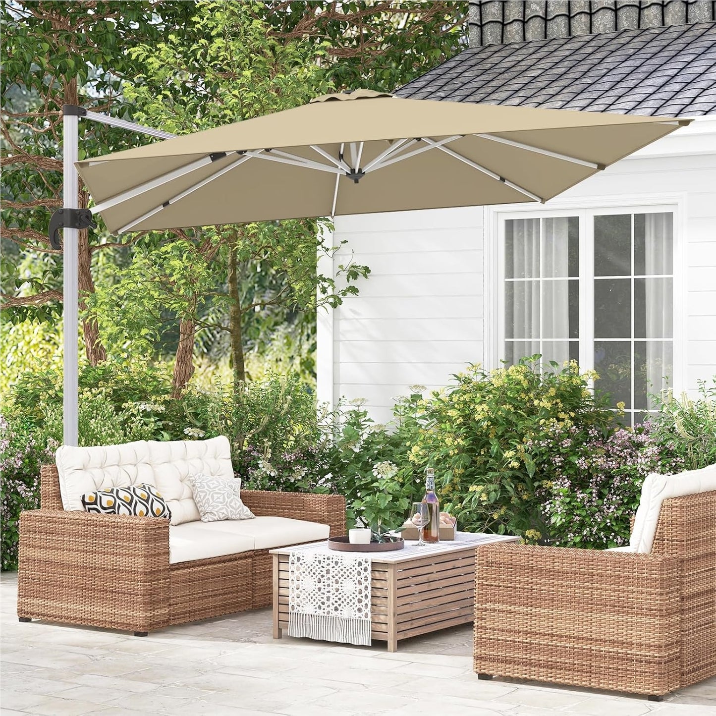 Tuinscherm Parasol – Tuintent Zonnescherm – Terrasparasol – Marktparasol – Beige – 300x300 cm Groot – 360° Draaibaar Met Slingerbediening