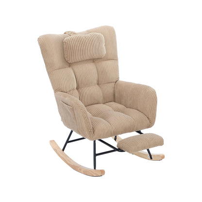 Rocking Chair with Invisible Rocker Base & Neck - Soft Upholstered High-Back Brown Armchair, - Padded Seat, Easy Assembly, Durable Metal-Free Fabric for, & Room (No Wood)