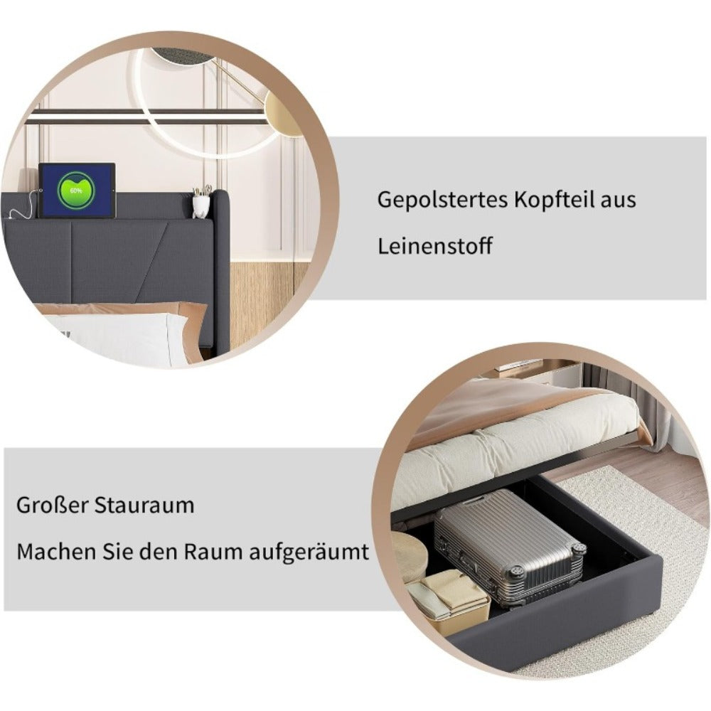 Tweepersoonsbed – Opbergbed – Bedframe – Linnen Bed – Stalen Frame – 140x200 cm – Met Hydraulische Opbergruimte – Stevige Steun