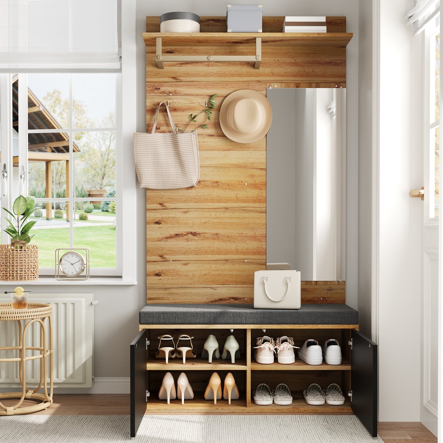 BTM Compact Wardrobe / Hallway Furniture Set with Mirror, Bench, Shoe Cabinet, Hooks, and Shelf in Wood Look, Space-Saving Wardrobe for Hallway & Entryway, 100×38×190 cm