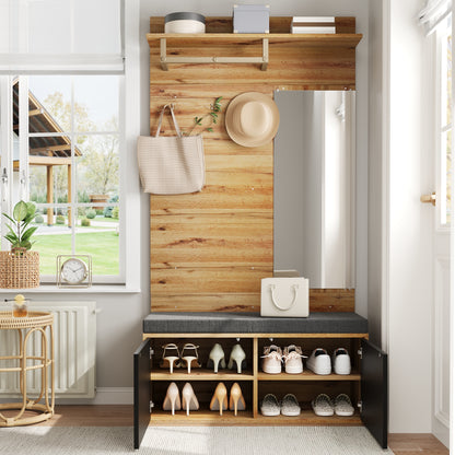 BTM Compact Wardrobe / Hallway Furniture Set with Mirror, Bench, Shoe Cabinet, Hooks, and Shelf in Wood Look, Space-Saving Wardrobe for Hallway & Entryway, 100×38×190 cm