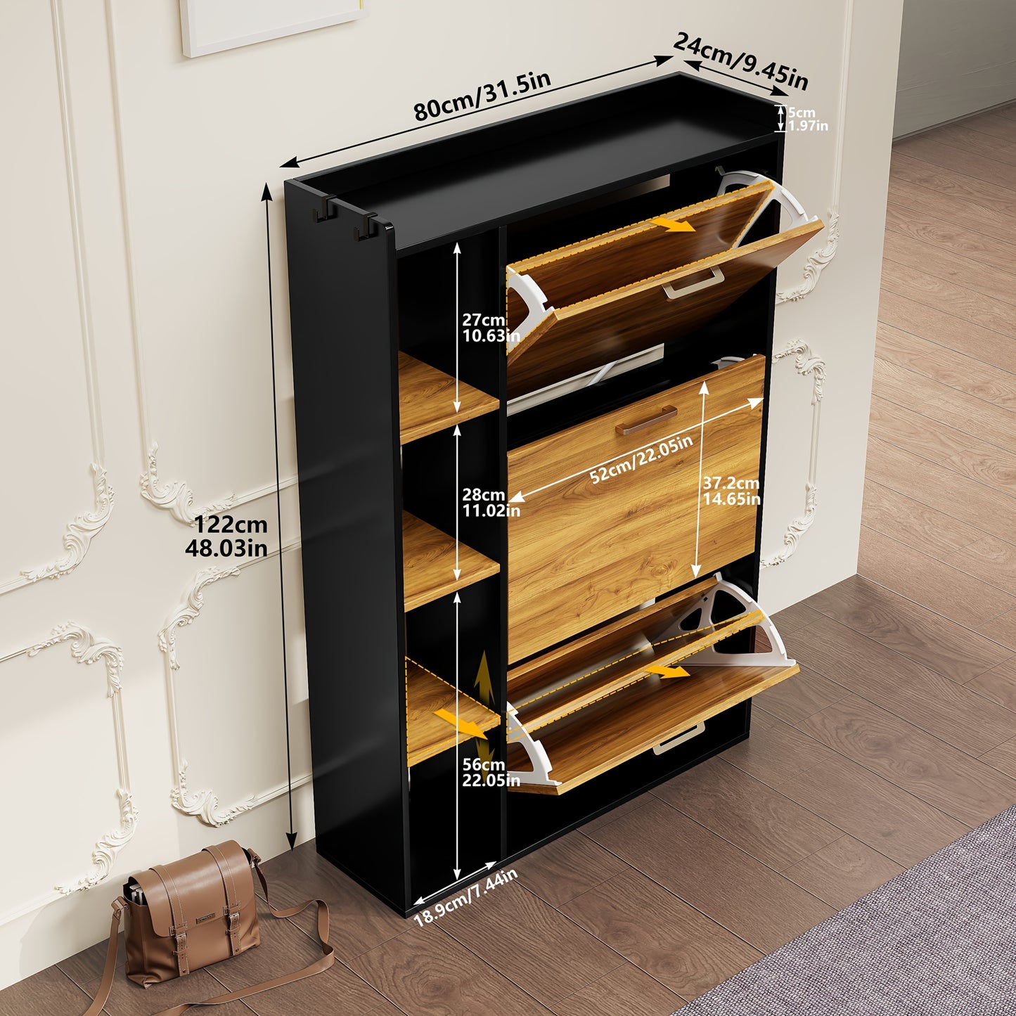 3-Deurs Schoenenkast – Smalle Schoenenopberger – Schoenenrek – Schoenenkast – Halmeubel – Hardhouten Materiaal – Anti-Kantelmechanisme – Mat Zwarte Afwerking