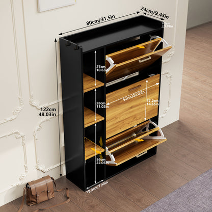 3-Deurs Schoenenkast – Smalle Schoenenopberger – Schoenenrek – Schoenenkast – Halmeubel – Hardhouten Materiaal – Anti-Kantelmechanisme – Mat Zwarte Afwerking