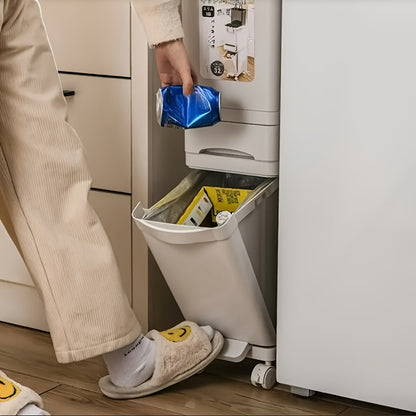 32L Large Capacity Heavy-Duty Plastic Kitchen Trash Can with Double-Layer Dry/Wet Separation, Odor-Sealing Lid & Step-Top Operation - Modern Rectangular Bin with Glossy Finish, Space-Saving Design, 3-Tier No Bend Design, Whee