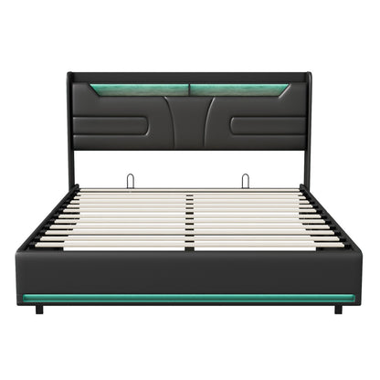 Tweepersoonsbed – Led Bed – Opbergbed – Gasliftbed – PU Leer Bed – 140x200 cm – LED Verlichting Met Afstandsbediening – Ingebouwde USB- en Type-C-poorten