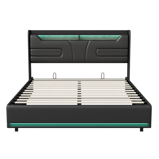 Tweepersoonsbed – Led Bed – Opbergbed – Gasliftbed – PU Leer Bed – 140x200 cm – LED Verlichting Met Afstandsbediening – Ingebouwde USB- en Type-C-poorten