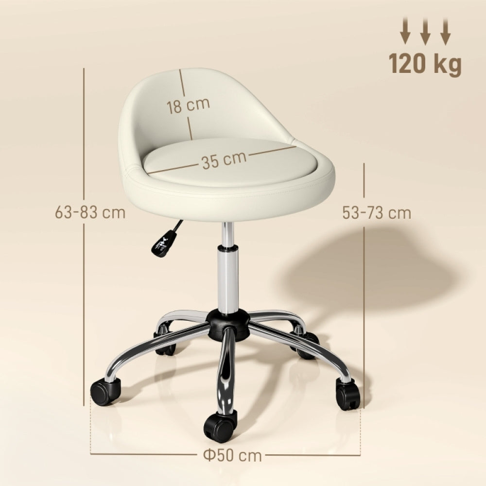 Krukje – Kruk – Werkkruk – Draaikruk – Zitkruk – Verstelbaar 63-83 cm – 360° Draaibaar Met Wieltjes – Wit Kunstleer