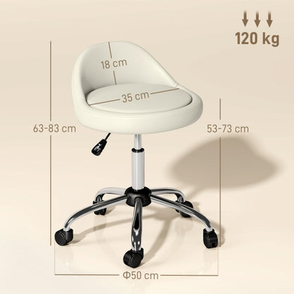 Krukje – Kruk – Werkkruk – Draaikruk – Zitkruk – Verstelbaar 63-83 cm – 360° Draaibaar Met Wieltjes – Wit Kunstleer